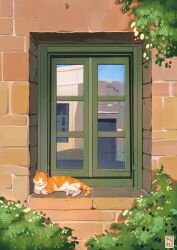  absurdres animal animal_request artist_logo artist_name brick_wall building bush cat commentary day english_commentary greece highres logo marusa_gorjup no_humans original outdoors photo-referenced plant reflective_surface scenery window windowsill 