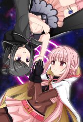  2girls anime_coloring belt belt_buckle black_cloak black_gloves black_hair black_shirt black_shorts blue_gem blunt_bangs bodystocking bow bow_button braid brooch buckle cloak closed_mouth commentary_request covered_navel cowboy_shot crop_top dot_nose double_bun eye_contact eyelashes floating gem gloves gold_buttons hair_bun hair_intakes hair_ribbon hair_through_hood hand_on_own_elbow happy highres holding_hands hood hood_down hooded_cloak jewelry kokubo kuroe_(madoka_magica) light_blush long_hair looking_at_another low_ponytail magia_record:_mahou_shoujo_madoka_magica_gaiden magic_circle magical_girl mahou_shoujo_madoka_magica midriff miniskirt multiple_girls navel nervous outline pink_belt pink_eyes pink_hair pink_skirt pink_theme pleated_skirt ponytail purple_bow purple_skirt red_ribbon ribbon rotational_symmetry shirt short_hair shorts shorts_under_skirt side_braids sidelocks skirt smile space studded_belt tamaki_iroha thighlet turtleneck turtleneck_shirt twin_braids upside-down very_long_hair violet_eyes white_cloak white_outline 