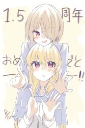  2girls :o absurdres blonde_hair blue_shirt commentary_request hair_over_one_eye heaven_burns_red highres kayamori_ruka long_hair multiple_girls one_eye_covered open_mouth puyopiku red_eyes shirakawa_yuina shirt short_hair white_shirt 