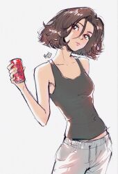  1girl artist_name bare_arms brown_eyes brown_hair can closed_mouth commentary cowboy_shot drink_can english_commentary expressionless forehead grey_tank_top hair_between_eyes hand_up highres holding holding_can kuroiitulip long_bangs looking_at_viewer original pants short_hair simple_background single_bang sketch solo standing tank_top white_background white_pants 