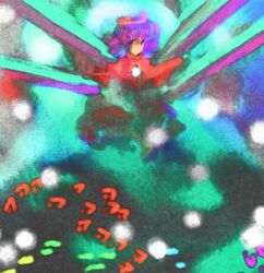  1girl abstract abstract_background danmaku ikamagu looking_at_viewer medium_hair onbashira purple_hair red_shirt shirt solo touhou yasaka_kanako 