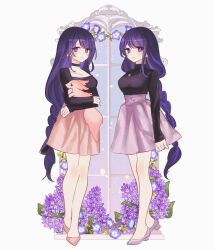  2girls alternate_costume black_choker blunt_bangs braid choker closed_mouth dress floral_background flower fox fox_girl full_body genshin_impact hair_ribbon highres jewelry korean_commentary light_blush long_sleeves looking_to_the_side makoto_(genshin_impact) mole mole_under_eye multicolored_hair multiple_girls necklace new_nero purple_hair raiden_shogun ribbon siblings single_braid sisters slippers streaked_hair twins violet_eyes window yae_miko yae_miko_(fox) 