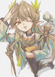  1girl :d arknights black_choker blonde_hair boots choker elf english_commentary floating hair_ornament highres holding holding_notepad holding_staff hydrokinesis jacket laqry laurel_crown laurels leaf_hair_ornament long_hair long_sleeves looking_at_viewer mole mole_under_eye muelsyse_(arknights) notepad one_eye_closed open_clothes open_jacket open_mouth pointy_ears salute shirt simple_background skirt smile solo staff umbrella water yellow_eyes 