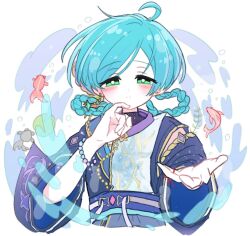  1boy ahoge alternate_hair_length_(longer) blue_hair bracelet braid bright_pupils closed_mouth commentary_request cropped_torso earrings ensemble_stars! fish green_eyes jewelry looking_at_viewer male_focus mani_(pukakaka09) natsukoi_(ensemble_stars!) offering_hand official_alternate_costume open_hand pinky_out shinkai_kanata solo twin_braids water white_pupils 