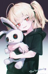  1girl :3 ahoge black_hoodie black_ribbon blonde_hair button_eyes buttons commentary earrings english_commentary english_text fang hair_between_eyes hair_ribbon highres holding holding_stuffed_toy hood hoodie hugging_doll hugging_object jewelry light_blush looking_at_viewer medium_hair omote_m0nl original red_eyes ribbon short_sleeves side_ponytail simple_background single_earring solo stuffed_animal stuffed_rabbit stuffed_toy 