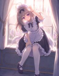 1girl antenna_hair apron black_dress blush bow commentary_request dress frilled_apron frilled_dress frills grey_hair hair_intakes highres long_hair looking_at_viewer maid maid_apron maid_day maid_headdress meitantei_precure! moria_luluka precure puffy_sleeves sitting solo violet_eyes white_apron yamamoto_kazue 
