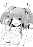  1girl ;d breasts cleavage cleavage_cutout hair_bobbles hair_ornament kiku_hitomoji looking_at_viewer monochrome one_eye_closed onozuka_komachi open-chest_sweater open_mouth smile solo sweater touhou two_side_up v 