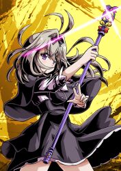  1girl antenna_hair black_bow black_capelet black_dress bow capelet dress glowing grey_hair hair_intakes henshin henshin_pose highres holding holding_rod jewelry long_hair meitantei_precure! moria_luluka precure rod solo tear_arcana_rod violet_eyes wakabayashi_makoto 