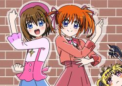  3girls achanpuni akechi_anna akechi_anna_(cosplay) bardiche_(nanoha) blonde_hair blue_eyes blush bow brick_wall brown_hair commentary_request cosplay fate_testarossa hair_ornament hair_ribbon hat kobayashi_mikuru kobayashi_mikuru_(cosplay) long_hair looking_at_viewer lyrical_nanoha meitantei_precure! moria_luluka moria_luluka_(cosplay) multiple_girls open_mouth precure red_eyes ribbon school_uniform short_hair skirt smile takamachi_nanoha twintails violet_eyes x_hair_ornament yagami_hayate 