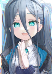  1girl :d absurdres aris_(blue_archive) black_hair blue_archive collared_shirt commentary_request dot_nose eyebrows_hidden_by_hair fujimioto green_eyes hair_between_eyes halo highres jacket light_blush long_hair looking_at_viewer open_clothes open_jacket own_hands_together shirt smile solo teeth white_shirt 