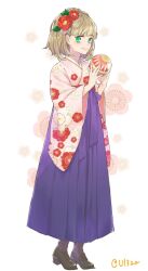  1girl ball black_shoes blonde_hair closed_mouth commentary_request eyelashes fingernails floral_background floral_print floral_print_kimono flower full_body green_eyes green_pupils hair_flower hair_ornament holding holding_ball japanese_clothes kimono long_sleeves print_kimono red_flower shoes smile solo standing umechiui white_background 