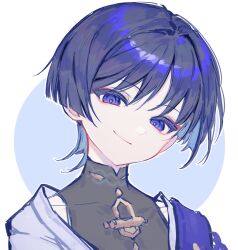  1boy absurdres black_bodysuit black_hair blue_background blue_pupils blunt_ends bodysuit border cape closed_mouth covered_collarbone diing_ku eyeliner genshin_impact head_tilt highres japanese_clothes kimono looking_at_viewer makeup male_focus mandarin_collar multicolored_hair portrait purple_cape purple_hair red_eyeliner scaramouche_(genshin_impact) shoulder_peek side_cape smile solo streaked_hair tsurime violet_eyes wanderer_(genshin_impact) white_border white_kimono wispy_bangs 