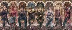  4boys 4girls absurdres ada_wong belt black_gloves blonde_hair blue_jacket blue_shirt boots brown_hair brown_jacket chris_redfield claire_redfield commentary creature crossed_legs dress elbow_rest english_commentary ethan_winters fingerless_gloves full_body fur_trim gloves gold_jacket gold_trim grace_ashcroft hand_on_own_knee head_tilt highres imagine_(imagine7243618) jacket jill_valentine knee_up knees_apart_feet_together leon_s._kennedy looking_at_viewer monster multiple_boys multiple_girls piers_nivans red_dress red_jacket resident_evil resident_evil_2 resident_evil_4 resident_evil_6 resident_evil_village shirt short_hair sitting skull throne tongue tongue_out white_shirt 