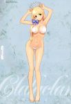  1girl absurdres adjusting_hat adjusting_headwear armpits arms_up bare_arms bare_legs bikini blonde_hair blue_bow bow breasts character_name clalaclan_philias cleavage cross cross_necklace crown female full_body green_eyes hair_bow highres large_breasts leaning_forward legs long_hair long_legs midriff navel official_art sandals scan shining_(series) shining_wind solo standing swimsuit taka_tony tanaka_takayuki toeless_footwear underboob white_bikini white_footwear white_swimsuit 