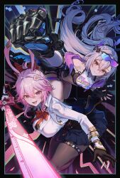  2girls asymmetrical_gloves black_gloves black_pantyhose black_skirt clenched_hand closed_mouth commentary_request crossed_bangs evanescia_(honkai:_star_rail) eyewear_on_head fingerless_gloves floating_hair gauntlets gloves grey_eyes grey_hair hair_between_eyes highres holding holding_sword holding_weapon honkai:_star_rail honkai_(series) kadokadokado long_hair looking_at_viewer mismatched_gloves multiple_girls open_mouth pantyhose partially_fingerless_gloves pink_hair shirt short_hair silver_wolf_(honkai:_star_rail) silver_wolf_(lv.999)_(honkai:_star_rail) skirt smile sword thigh_strap very_long_hair violet_eyes weapon white_gloves white_shirt 