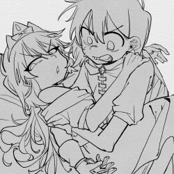  1boy 1girl alternate_costume aubrey_(faraway)_(omori) aubrey_(omori) chinese_commentary commentary_request double-parted_bangs dress gloves greyscale hair_between_eyes highres huasuan69416 kel_(faraway)_(omori) kel_(omori) long_hair lower_teeth_only monochrome omori short_hair short_sleeves sweat teeth tiara 