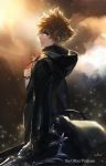  1boy blonde_hair blue_eyes clouds dual_wielding from_side hooded_jacket keyblade kingdom_hearts kingdom_hearts_ii light_particles looking_at_viewer oblivion_(keyblade) roxas short_hair sky solo sunlight swd3e2 