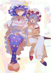  2girls alternate_hairstyle blue_hair crescent crescent_hat_ornament crescent_print cup hat hat_ornament highres holding holding_cup mob_cap mochitose_aguri multiple_girls one_eye_closed patchouli_knowledge purple_hair purple_thighhighs red_eyes remilia_scarlet smile star_(symbol) star_print thigh-highs touhou violet_eyes 