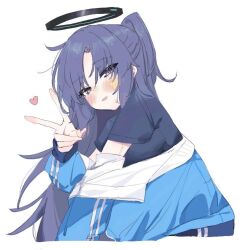  1girl black_shirt blue_archive blue_jacket blush commentary_request halo heart jacket jacket_partially_removed long_hair looking_at_viewer mechanical_halo official_alternate_costume ponytail purple_hair shirt short_sleeves simple_background solo sticker sticker_on_face touhou90275 track_jacket upper_body v violet_eyes white_background yuuka_(blue_archive) yuuka_(track)_(blue_archive) 