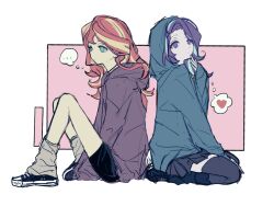  ... 2girls :| alternate_costume arms_between_legs back-to-back bare_legs bike_shorts black_boots black_shoes black_shorts black_skirt black_thighhighs blonde_streaks blue_hoodie blue_streaks boots border chinese_commentary closed_mouth colored_skin commentary_request curtained_hair double-parted_bangs expressionless finger_to_own_chin from_side full_body green_eyes grey_socks hand_on_own_chin hand_up heart highres hood hood_down hood_up hoodie hulianwangpingguo knee_boots kneehighs knees_together_feet_apart knees_up light_frown long_hair long_sleeves looking_ahead looking_up loose_socks miniskirt multicolored_hair multicolored_shoes multiple_girls my_little_pony my_little_pony:_equestria_girls my_little_pony:_friendship_is_magic no_pupils outside_border pink_background pleated_skirt puffy_long_sleeves puffy_sleeves purple_hair purple_hoodie red_hair seiza shoes short_shorts shorts sidelocks simple_background sitting skirt sleeves_past_wrists socks speech_bubble spoken_ellipsis spoken_heart starlight_glimmer starlight_glimmer_(equestria_girls) streaked_hair sunset_shimmer sunset_shimmer_(human) thigh-highs thought_bubble two-tone_hair two-tone_shoes v_arms violet_eyes wavy_hair white_border white_shoes yellow_skin zettai_ryouiki 