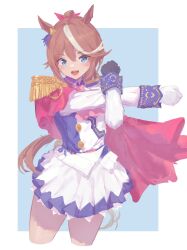  1girl absurdres animal_ears ascot asymmetrical_gloves black_gloves blue_eyes blush brown_hair buttons cape commentary_request double-breasted epaulettes gloves hair_between_eyes highres horse_ears horse_girl jacket long_hair long_sleeves looking_at_viewer mismatched_gloves multicolored_hair multicolored_jacket open_mouth pink_ascot ponytail qian-li-xin-hen red_cape single_epaulette single_hair_streak skirt smile solo streaked_hair stretching teeth tokai_teio_(peak_joy)_(umamusume) tokai_teio_(umamusume) two-tone_hair two-tone_jacket two-tone_skirt umamusume upper_teeth_only white_gloves white_hair white_jacket white_skirt white_streaks 