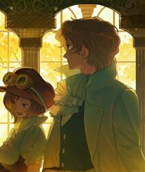  1boy 1girl ascot blonde_hair blue_vest closed_mouth coat commentary frilled_sleeves frills from_side goggles goggles_on_headwear hat highres koala_(one_piece) one_piece open_clothes open_coat open_mouth orange_hair pink_hat puffy_short_sleeves puffy_sleeves sabo_(one_piece) sam_one111 scar scar_across_eye scar_on_face shirt short_hair short_sleeves stone_pillar untranslatable_commentary upper_body vest white_ascot white_coat white_shirt window 