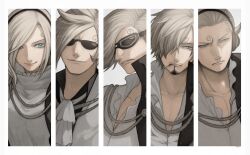  1girl 4boys ascot blue_eyes brother_and_sister cigarette clip_studio_paint_(medium) commentary_request curly_eyebrows curry_gohan facial_hair goatee goggles hair_over_one_eye headphones looking_at_viewer multiple_boys mustache one_piece sanji_(one_piece) shirt siblings smile sunglasses upper_body vinsmoke_ichiji vinsmoke_niji vinsmoke_reiju vinsmoke_yonji 
