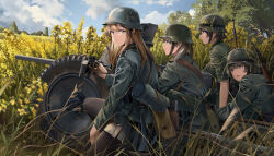  3.7_cm_pak_36 4girls anti-tank_gun binoculars black_pantyhose blue_eyes brown_eyes canteen chinstrap clouds combat_helmet commentary_request day epaulettes gas_mask_canister grass green_jacket gun half-closed_eyes helmet highres insignia jacket long_sleeves military military_uniform miniskirt mixed-language_commentary multilingual_commentary multiple_girls neko_(yanshoujie) original outdoors pantyhose pleated_skirt reichsadler rifle skirt sky stahlhelm swastika tree weapon wehrmacht world_war_ii 