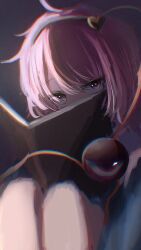 1girl black_hairband blue_shirt book commentary_request covered_mouth covering_face eyeball hair_ornament hairband highres holding holding_book knees_up komeiji_satori lmnl711 looking_at_viewer pink_eyes pink_hair shade shirt short_hair simple_background sitting solo touhou 