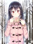  1girl :c black_hair blush forest highres igakusei jacket long_sleeves nature original red_eyes snow solo winter_clothes 