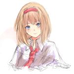  1girl absurdres alice_margatroid alitia artist_name blonde_hair blue_eyes capelet collared_shirt hairband highres light_smile lips looking_at_viewer neck_ribbon portrait ribbon short_hair signature sketch solo touhou white_background 