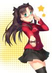  1girl :p black_legwear blue_eyes brown_hair fate/stay_night fate_(series) glasses hair_ribbon highres holding holding_glasses long_hair looking_at_viewer price_tag ribbon shitou_(1992116210) solo sweater thighhighs tongue tongue_out toosaka_rin two_side_up 