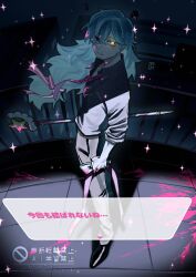  1boy absurdres atumikan_37ten5 black_eyes black_pants black_shirt black_shoes blood blood_on_clothes blood_on_face blood_on_ground blood_on_hands blood_on_weapon blue_hair bow cityscape closed_mouth collared_shirt facial_hair floating_hair genderswap genderswap_(ftm) goatee_stubble hair_between_eyes hatsune_miku heterochromia highres holding holding_ribbon holding_staff ima_sugu_rinne_(vocaloid) loafers long_hair looking_at_viewer male_focus mature_male miku-oji mustache_stubble necktie night outdoors pants pink_blood pink_eyes pink_necktie pink_ribbon ribbon shirt shoes sleeves_pushed_up solo sparkle staff star-shaped_pupils star_(symbol) stubble symbol-shaped_pupils translation_request two-tone_bow video_game_dialogue_box vocaloid watermark weapon white_bow 