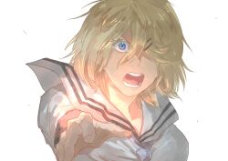  1girl asama_kaname atpv3735 blonde_hair blue_eyes blue_neckerchief collarbone commentary_request crossed_bangs fate/type_redline fate_(series) hair_between_eyes hair_ornament hair_over_one_eye hairclip highres looking_at_viewer medium_hair neckerchief one_eye_covered open_mouth outstretched_arm sailor_collar school_uniform serafuku shirt simple_background solo sweatdrop teeth upper_body white_background white_shirt 
