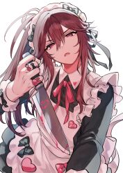  1boy apron black_bow bow commentary crossdressing crossdressing_(mtf) ensemble_stars! hair_between_eyes hareyuu holding holding_knife jewelry knife long_hair long_sleeves looking_at_viewer madoka_nozomi maid maid_apron maid_headdress male_focus multiple_rings open_mouth ponytail red_bow red_hair ring simple_background solo upper_body white_background 
