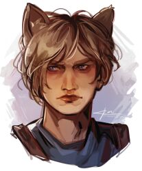  1boy absurdres aegyo_sal animal_ears blonde_hair blue_eyes blue_shirt dog_ears highres kakyociol kemonomimi_mode leon_s._kennedy looking_to_the_side male_focus portrait resident_evil resident_evil_4 serious shirt short_hair solo sparkling_eyes 