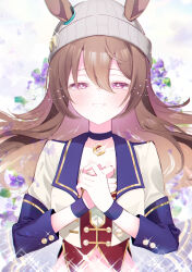  1girl animal_ears beanie brown_hair choker commentary_request floating_hair floral_background hair_between_eyes hat highres horse_ears horse_girl kobara_suita long_hair long_sleeves nakayama_festa_(umamusume) navel pendant_choker purple_choker solo starting_future_(umamusume) umamusume upper_body violet_eyes wristband 