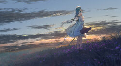  1girl absurdres ame_(2453323719) bare_shoulders chinese_commentary clouds cloudy_sky commentary_request dress from_side highres holding_instrument_case outdoors partial_commentary phrolova_(ostina)_(wuthering_waves) phrolova_(wuthering_waves) sky solo standing white_dress wide_shot wind wuthering_waves 