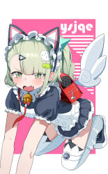  1girl absurdres animal_ear_hairband animal_ears bag bell blush cat_ear_hairband cat_ears commentary_request earrings fake_animal_ears fingernails ghost_hair_ornament green_eyes green_hair green_nails hair_ornament hairband heart heart_earrings heart_hands highres jewelry looking_at_viewer maid maid_headdress multiple_hair_clips neck_bell pink_background ponytail red_bag solo sunna_(afternoon_tea_break)_(zenless_zone_zero) sunna_(zenless_zone_zero) thick_thighs thighs triangle_hair_ornament wang_qi-er white_wings winged_bag wings zenless_zone_zero 
