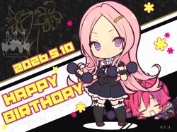  2girls =_= absurdres artist_name assault_lily black_bow black_gloves black_ribbon black_shirt black_skirt black_thighhighs blurry blurry_background blush_stickers bow brown_shoes chibi chibi_only closed_mouth commentary cropped_jacket dated dumbbell exhausted fingerless_gloves floral_background flower_symbol frilled_skirt frilled_thighhighs frills full_body garter_straps gloves hair_ornament hairclip hands_up happy_birthday highres holding holding_dumbbell hotaru_(ultraroly_poly) kiko_totori long_hair looking_at_viewer lying miniskirt multiple_girls nagasaka_maho neck_ribbon on_stomach open_mouth parted_bangs pink_hair pleated_skirt raised_eyebrows ribbon school_uniform shirt shoes short_sleeves single_blush_sticker skirt standing sweatdrop thigh-highs thigh_bow two-tone_shirt v-shaped_eyebrows very_long_hair violet_eyes white_shirt yurigaoka_girls_academy_school_uniform zettai_ryouiki 