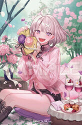  1girl :d ahoge bag black_shorts blush cherico commentary_request company_name copyright_notice cream feet_out_of_frame flower glass hair_ornament holding holding_bag looking_at_viewer navel nijisanji official_alternate_costume official_alternate_hairstyle official_art petals pink_eyes pink_flower pink_hair plant plate potted_plant sample_watermark shorts smile solo sukoya_kana sukoya_kana_(7th_costume) teeth tongue upper_teeth_only virtual_youtuber watermark white_flower x_hair_ornament 