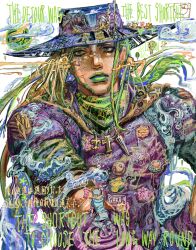  1boy air_bubble beard black_mask blue_hat blue_hoodie blue_pants blue_sleeves bobobio00 bubble camp character_name clouds commentary commentary_request cowboy_hat english_text facial_hair facial_mark flower golden_spiral green_eyes green_hair green_lips green_sleeves gyro_zeppeli hat highres hood hood_down hoodie horse jewelry johnny_joestar jojo_no_kimyou_na_bouken long_hair makeup male_focus mask pants pink_flower purple_shirt purple_sleeves shirt short_sleeves solo stand_(jojo) star_(symbol) star_print steel_ball_(jojo) steel_ball_run stuffed_animal stuffed_toy teddy_bear translation_request tusk_(stand) tusk_act1 two-tone_sleeves valkyrie_(jojo) 