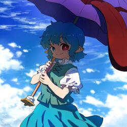  1girl absurdres blue_eyes blue_hair blue_skirt blue_sky blue_vest closed_mouth clouds day heterochromia highres holding holding_umbrella looking_at_viewer pointy_ears puffy_short_sleeves puffy_sleeves purple_umbrella red_eyes short_hair short_sleeves skirt sky smile solo suteruko tatara_kogasa touhou umbrella vest 