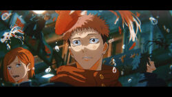  1girl 3boys arashi_(boom_sate225) black_hair brown_hair bubble commentary_request crossover fish fushiguro_megumi goldfish high_collar itadori_yuji jujutsu_kaisen kagurabachi kugisaki_nobara medium_hair multiple_boys outdoors parody pink_hair red_hood road_sign rokuhira_chihiro short_hair sign style_parody water 