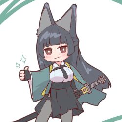  1girl animal_ears black_gloves black_hair black_necktie black_pantyhose black_skirt blunt_bangs blush chibi closed_mouth cowboy_shot dress_shirt fox_ears fox_girl gloves green_jacket high-waist_skirt hoshimi_miyabi jacket long_hair necktie pantyhose pencil_skirt red_eyes revision shirt sidelocks skirt smile solo thumbs_up white_shirt yamahiro649 zenless_zone_zero 