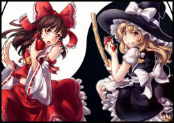  2girls apple apple_core apron ascot back_bow bad_apple!! bamboo_broom bare_shoulders black_hat black_skirt black_vest blonde_hair blush bow broom brown_eyes brown_hair commentary detached_sleeves english_commentary food frilled_hair_tubes frilled_shirt_collar frilled_skirt frills fruit grin hair_bow hair_tubes hakurei_reimu hands_up hat hat_bow holding holding_broom holding_food holding_fruit kirisame_marisa long_hair looking_back mlwplushies multiple_girls open_mouth petticoat red_bow red_shirt red_skirt ribbon-trimmed_sleeves ribbon_trim shirt short_sleeves skirt smile touhou two-tone_background vest white_apron white_bow white_shirt yellow_ascot yellow_eyes yin_yang 