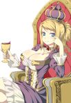  1girl alcohol blonde_hair blue_eyes breasts chin_rest cleavage crossed_legs crown cup dress frills jewelry large_breasts looking_at_viewer moejin necklace ponytail purple_dress smile solo throne wine 