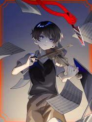  1boy antenna_hair black_eyes black_hair black_sweater_vest bow_(music) bright_pupils brown_shorts closed_mouth collared_shirt commentary english_commentary hair_between_eyes holding holding_bow_(music) holding_instrument holding_knife holding_violin instrument knife looking_at_viewer male_focus momonga_damon omori playing_instrument sheet_music shirt short_hair short_sleeves shorts solo spoilers sunny_(omori) sweater_vest violin white_pupils white_shirt 
