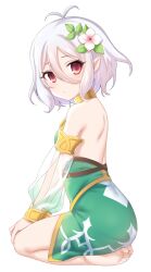  1girl antenna_hair bare_shoulders barefoot blush detached_sleeves dress elf expressionless flower full_body grey_hair hair_between_eyes hair_flower hair_ornament highres kokkoro_(princess_connect!) looking_at_viewer motokazu_(motokaz) pointy_ears princess_connect! red_eyes see-through_clothes see-through_sleeves seiza short_dress short_hair simple_background sitting solo toes 