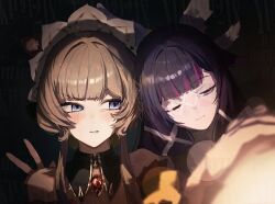  2girls bare_shoulders black_bow black_collar black_hair blue_eyes blush bonnet bow brown_hair closed_mouth collar columbina_(genshin_impact) commentary_request detached_sleeves eye_mask genshin_impact hair_bow hair_flaps hair_ornament hand_on_another's_shoulder headdress heads_together highres lens_flare long_sidelocks mask multicolored_hair multiple_girls multiple_wings one_eye_closed parted_lips purple_hair purple_streaks sandrone_(genshin_impact) see-through_clothes see-through_mask short_hair_with_long_locks sidelocks streaked_hair unusually_open_eyes upper_body violet_eyes watermark white_headdress white_mask white_wings wing_hair_ornament wings yellow_bow yukii91218 